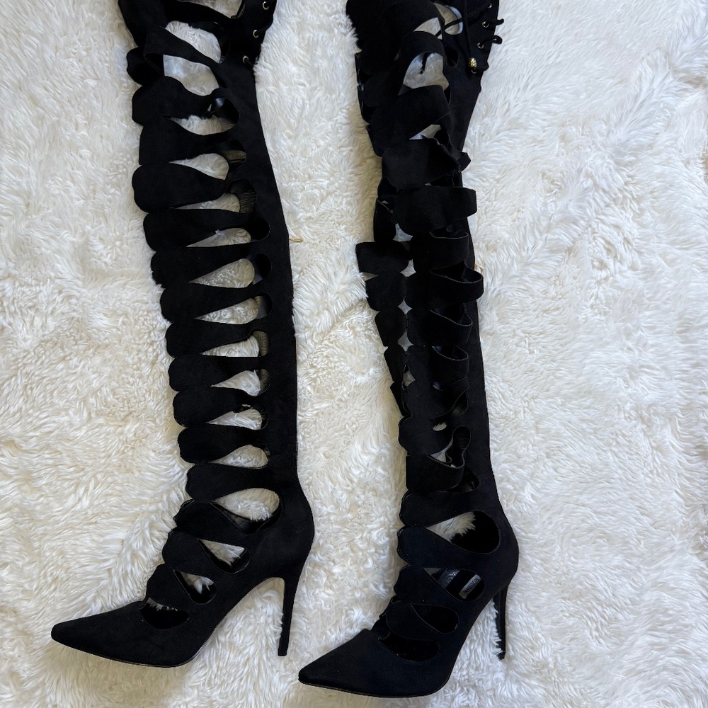 Cutout Black Suede Over-the-Knee Heels